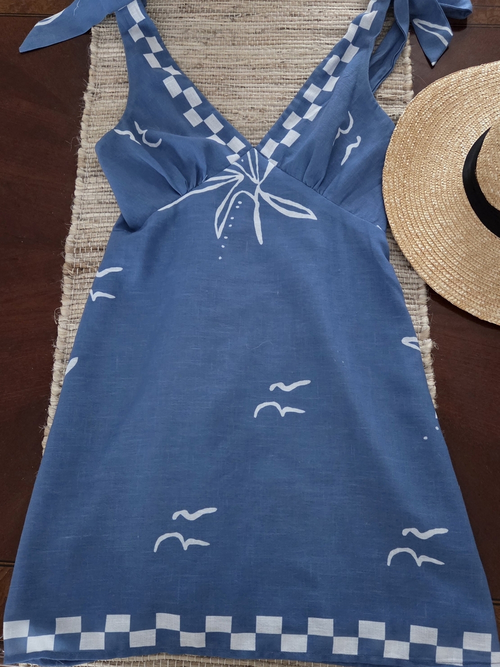 Blue Tie-Shoulder Sundress with White Nautical Print